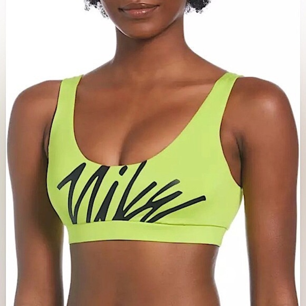 Nike Women's Multi Logo Lime Green Black Scoop Neck‎ Lined Bikini Top XL